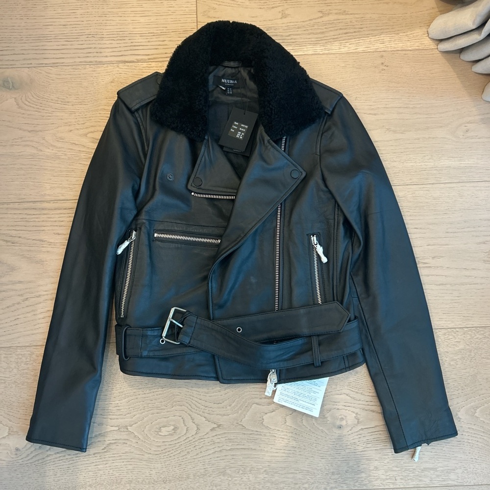 Muubaa Black Leather Jacket with Asymmetrical Zipper and Fur Collar